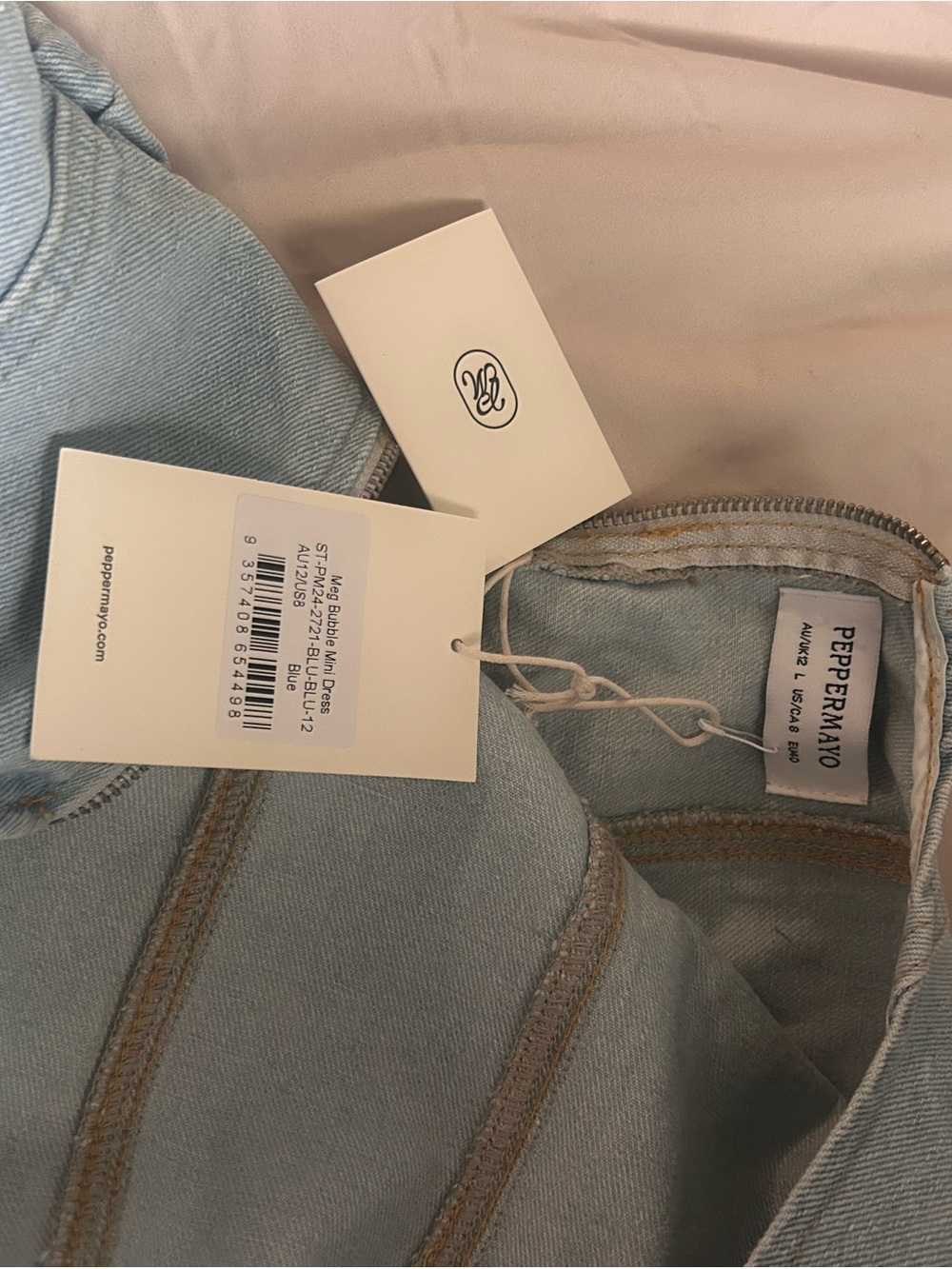Peppermayo Pale Blue Denim Bubble-Hem Mini Dress - Picture 2 of 3